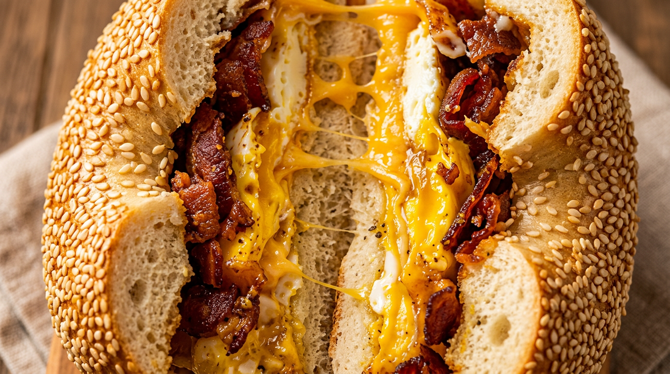 A hearty breakfast sandwich with bacon, egg, and melted cheese on a poppy seed roll